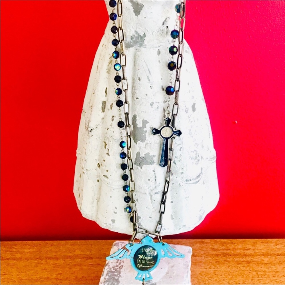 Handcrafted Blue Bird Rosary Necklace.